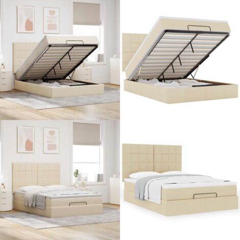 Struttura Letto Pouf con Materasso Crema 140x190 cm in Tessuto - Materasso a molle insacchettate - Letto con stoccaggio