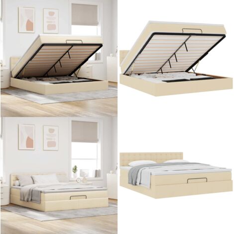 Struttura Letto Pouf con Materasso Crema 160x200 cm in Tessuto - Materasso a molle insacchettate - Letto con stoccaggio
