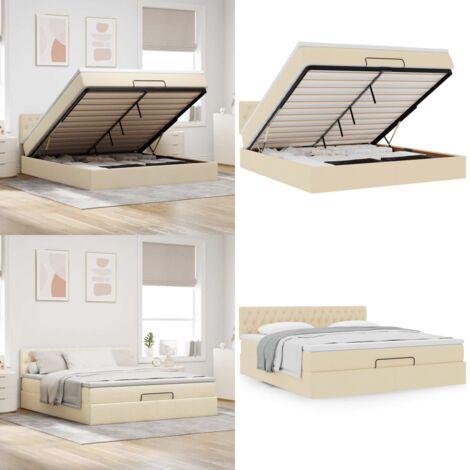 Struttura Letto Pouf con Materasso Crema 160x200 cm in Tessuto - Materasso a molle insacchettate - Letto con stoccaggio