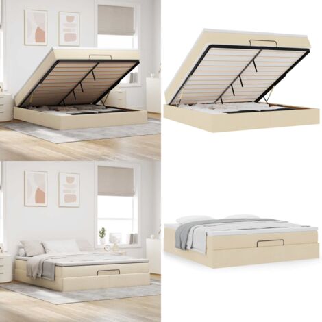Struttura Letto Pouf con Materasso Crema 160x200 cm in Tessuto - Materasso a molle insacchettate - Letto con stoccaggio