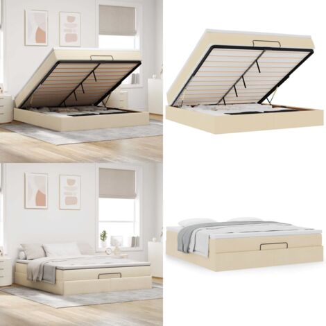 Struttura Letto Pouf con Materasso Crema 180x200 cm in Tessuto - Materasso a molle insacchettate - Letto con spazio sotto