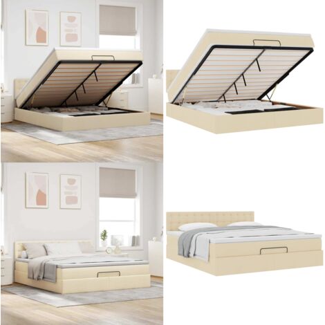 Struttura Letto Pouf con Materasso Crema 180x200 cm in Tessuto - Materasso a molle insacchettate - Letto con stoccaggio