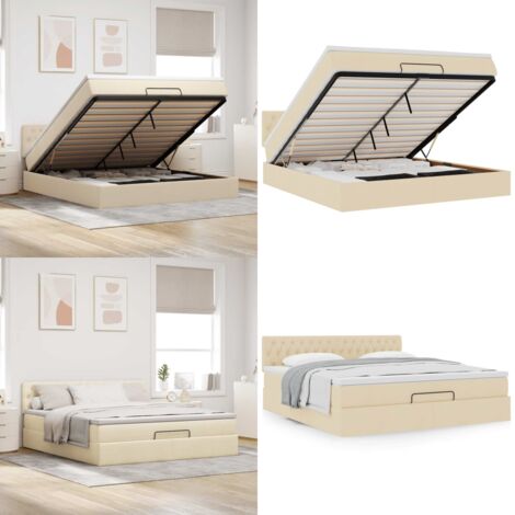 Struttura Letto Pouf con Materasso Crema 180x200 cm in Tessuto - Materasso a molle insacchettate - Letto con stoccaggio