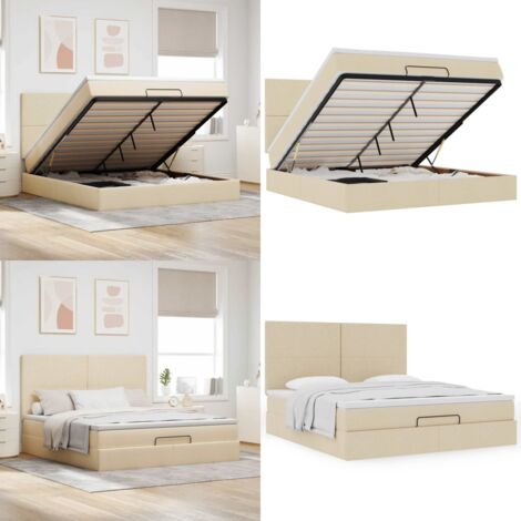 Struttura Letto Pouf con Materasso Crema 180x200 cm in Tessuto - Materasso a molle insacchettate - Letto con stoccaggio