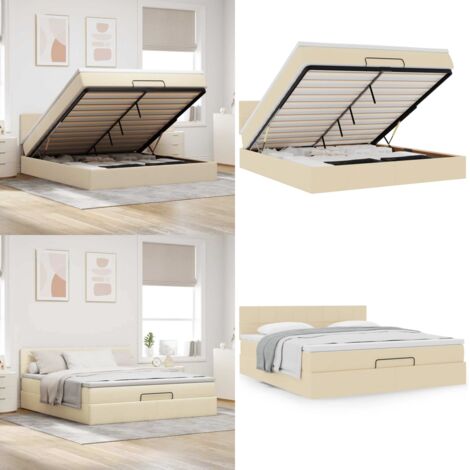 Struttura Letto Pouf con Materasso Crema 180x200 cm in Tessuto - Materasso a molle insacchettate - Letto con stoccaggio