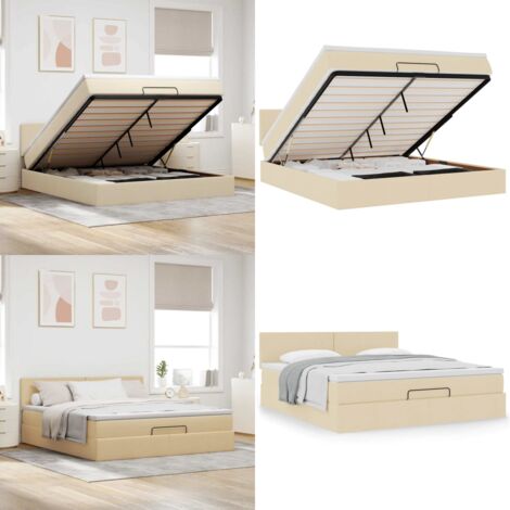 Struttura Letto Pouf con Materasso Crema 180x200 cm in Tessuto - Materasso a molle insacchettate - Letto con stoccaggio