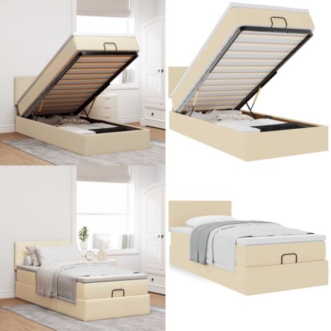 Struttura Letto Pouf con Materasso Crema 90x190 cm in Tessuto - Materasso a molle insacchettate - Letto con stoccaggio