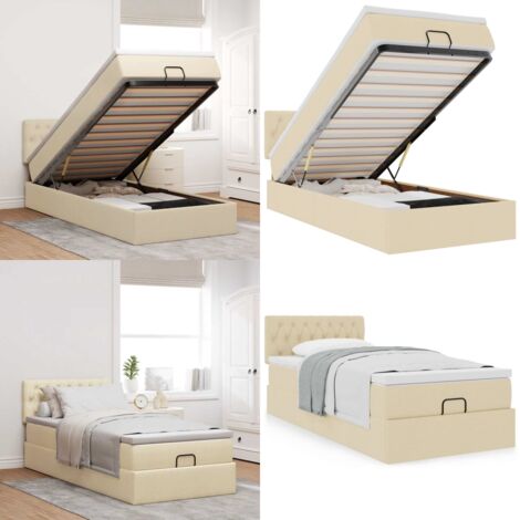 Struttura Letto Pouf con Materasso Crema 90x190 cm in Tessuto - Materasso a molle insacchettate - Letto con stoccaggio