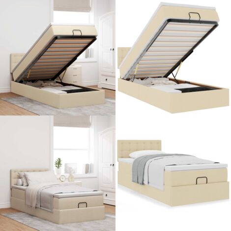 Struttura Letto Pouf con Materasso Crema 90x190 cm in Tessuto - Materasso a molle insacchettate - Letto con stoccaggio