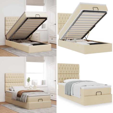 Struttura Letto Pouf con Materasso Crema 90x190 cm in Tessuto - Materasso a molle insacchettate - Letto con stoccaggio
