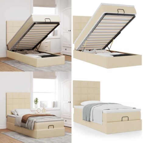 Struttura Letto Pouf con Materasso Crema 90x190 cm in Tessuto - Materasso a molle insacchettate - Letto con stoccaggio