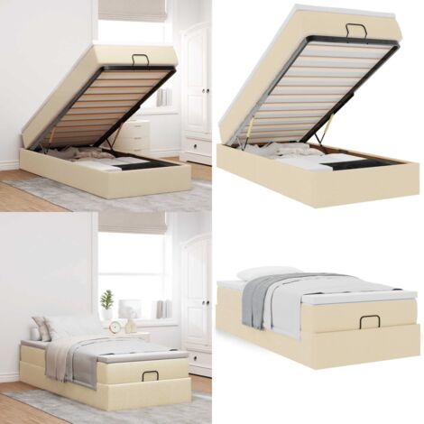 Struttura Letto Pouf con Materasso Crema 90x190 cm in Tessuto - Materasso a molle insacchettate - Stoccaggio sotto il letto