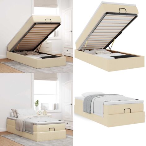 Struttura Letto Pouf con Materasso Crema 90x200 cm in Tessuto - Materasso a molle insacchettate - Stoccaggio sotto il letto