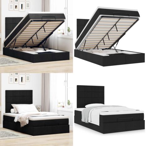 Struttura Letto Pouf con Materasso Nero 120x190 cm in Tessuto - Materasso a molle insacchettate - Letto con spazio di stoccaggio