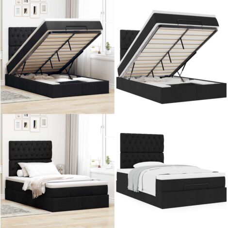 Struttura Letto Pouf con Materasso Nero 120x190 cm in Tessuto - Materasso a molle insacchettate - Letto con spazio di stoccaggio
