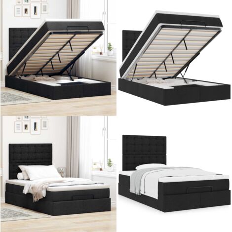 Struttura Letto Pouf con Materasso Nero 120x190 cm in Tessuto - Materasso a molle insacchettate - Letto con spazio di stoccaggio