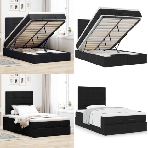 Struttura Letto Pouf con Materasso Nero 120x200 cm in Tessuto - Materasso a molle insacchettate - Letto con stoccaggio