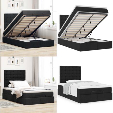 Struttura Letto Pouf con Materasso Nero 120x200 cm in Tessuto - Materasso a molle insacchettate - Letto con stoccaggio
