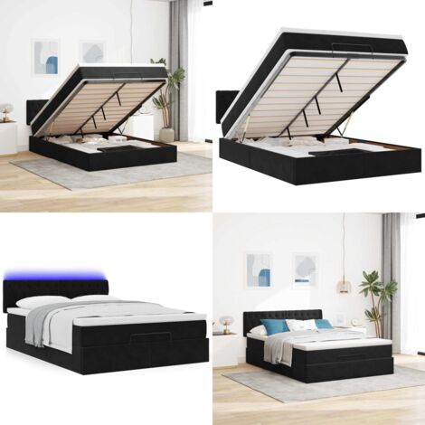 Struttura Letto Pouf con Materasso Nero 140x190 cm in Velluto - Materasso a molle insacchettate - Letto con luci LED