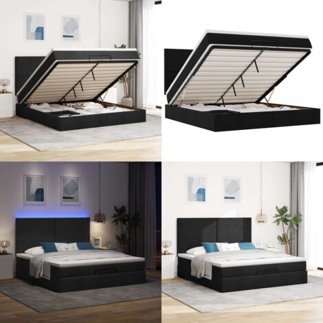 Struttura Letto Pouf con Materasso Nero 160x200 cm in Tessuto - Materasso a molle insacchettate - Letto con luci LED