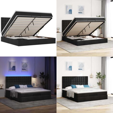 Struttura Letto Pouf con Materasso Nero 160x200 cm in Tessuto - Materasso a molle insacchettate - Letto con vano portaoggetti