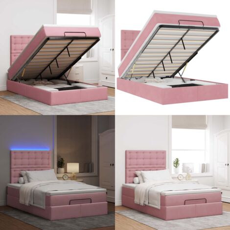 Struttura Letto Pouf con Materasso Rosa 120x200 cm Velluto - Materasso a molle insacchettate - Letto con luci LED