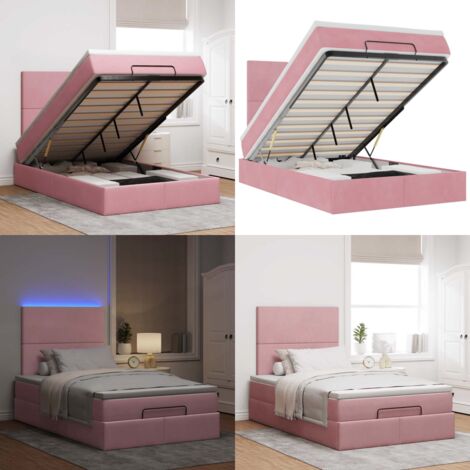 Struttura Letto Pouf con Materasso Rosa 120x200 cm Velluto - Materasso a molle insacchettate - Letto con luci LED