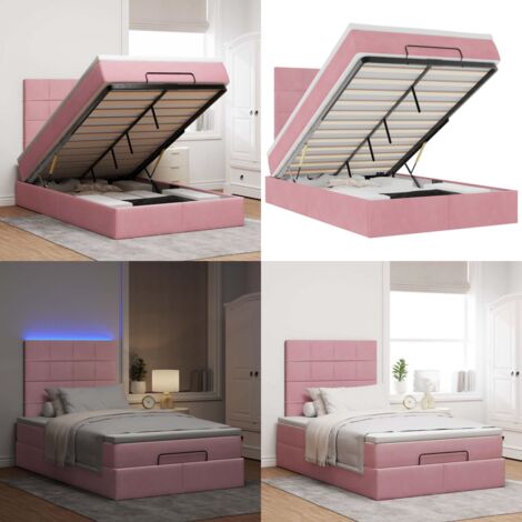 Struttura Letto Pouf con Materasso Rosa 120x200 cm Velluto - Materasso a molle insacchettate - Letto con luci LED