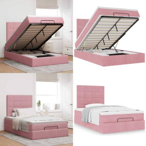 Struttura Letto Pouf con Materasso Rosa 120x200 cm Velluto - Materasso a molle insacchettate - Letto con stoccaggio