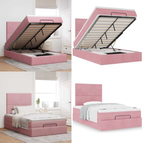 Struttura Letto Pouf con Materasso Rosa 120x200 cm Velluto - Materasso a molle insacchettate - Letto con stoccaggio
