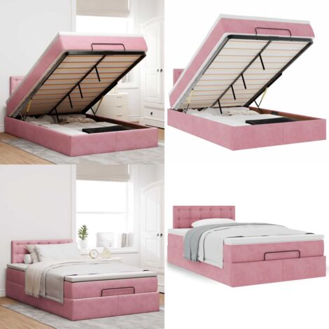 Struttura Letto Pouf con Materasso Rosa 120x200 cm Velluto - Materasso a molle insacchettate - Letto con stoccaggio
