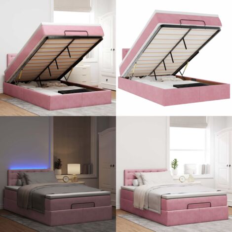 Struttura Letto Pouf con Materasso Rosa 120x200 cm Velluto - Materasso a molle insacchettate - Letto con stoccaggio