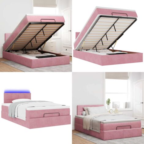 Struttura Letto Pouf con Materasso Rosa 120x200 cm Velluto - Materasso a molle insacchettate - Letto con stoccaggio
