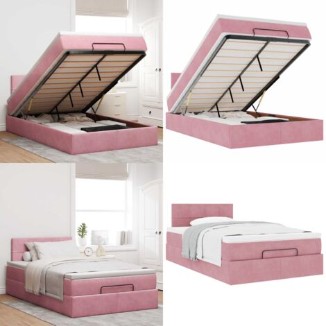 Struttura Letto Pouf con Materasso Rosa 120x200 cm Velluto - Materasso a molle insacchettate - Letto con stoccaggio