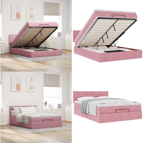 Struttura Letto Pouf con Materasso Rosa 140x190 cm in Velluto - Materasso a molle insacchettate - Letto con vano portaoggetti