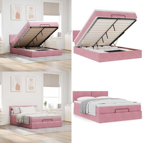 Struttura Letto Pouf con Materasso Rosa 140x190 cm in Velluto - Materasso a molle insacchettate - Letto con vano portaoggetti