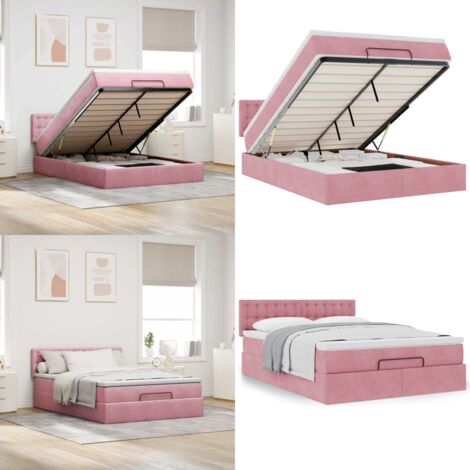 Struttura Letto Pouf con Materasso Rosa 140x190 cm in Velluto - Materasso a molle insacchettate - Letto con vano portaoggetti