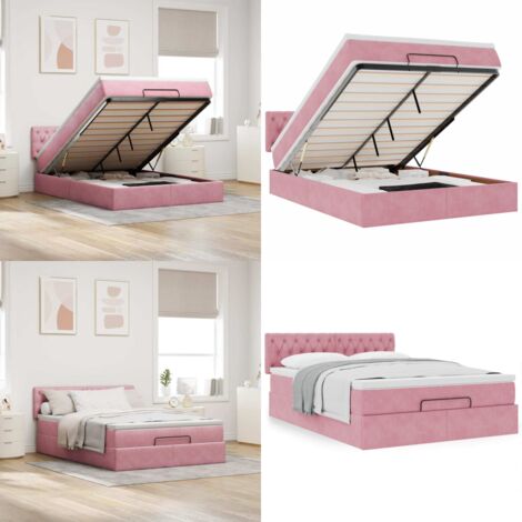 Struttura Letto Pouf con Materasso Rosa 140x190 cm in Velluto - Materasso a molle insacchettate - Letto con vano portaoggetti