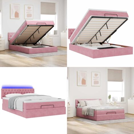 Struttura Letto Pouf con Materasso Rosa 140x200 cm in Velluto - Materasso a molle insacchettate - Giroletto con materasso