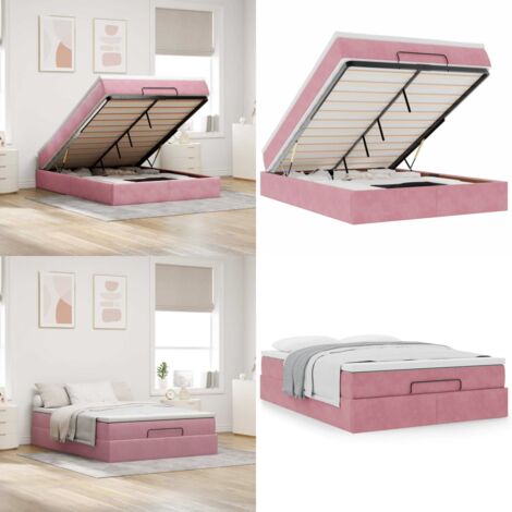 Struttura Letto Pouf con Materasso Rosa 140x200 cm in Velluto - Materasso a molle insacchettate - Letto con stoccaggio