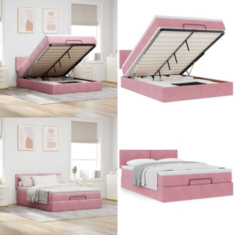 Struttura Letto Pouf con Materasso Rosa 140x200 cm in Velluto - Materasso a molle insacchettate - Letto con vano portaoggetti