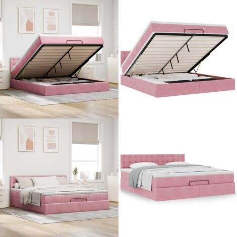 Struttura Letto Pouf con Materasso Rosa 180x200 cm in Velluto - Materasso a molle insacchettate - Letto con vano portaoggetti