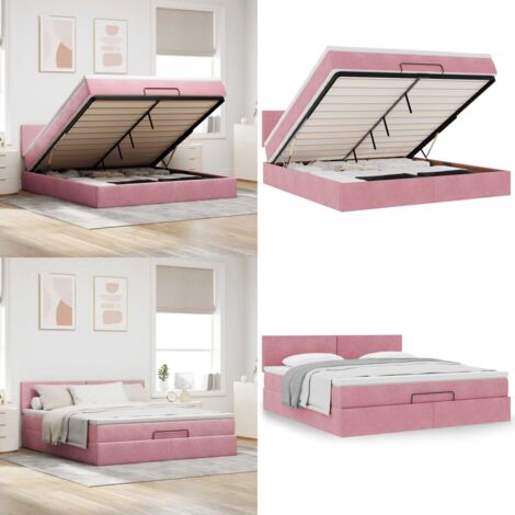 Struttura Letto Pouf con Materasso Rosa 180x200 cm in Velluto - Materasso a molle insacchettate - Letto con vano portaoggetti