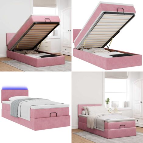 Struttura Letto Pouf con Materasso Rosa 90x200 cm in Velluto - Materasso a molle insacchettate - Letto con luci LED