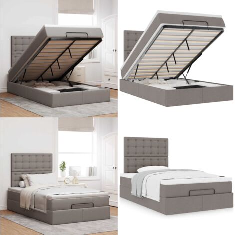 Struttura Letto Pouf con Materasso Tortora 120x190 cm Tessuto - Materasso a molle insacchettate - Letto con stoccaggio