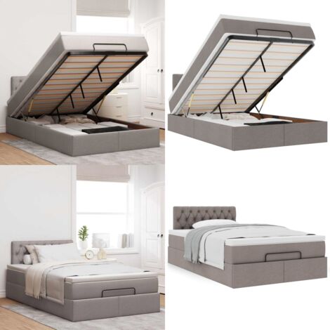 Struttura Letto Pouf con Materasso Tortora 120x190 cm Tessuto - Materasso a molle insacchettate - Letto con stoccaggio