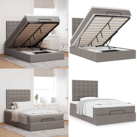 Struttura Letto Pouf con Materasso Tortora 120x200cm in Tessuto - Materasso a molle insacchettate - Letto con stoccaggio