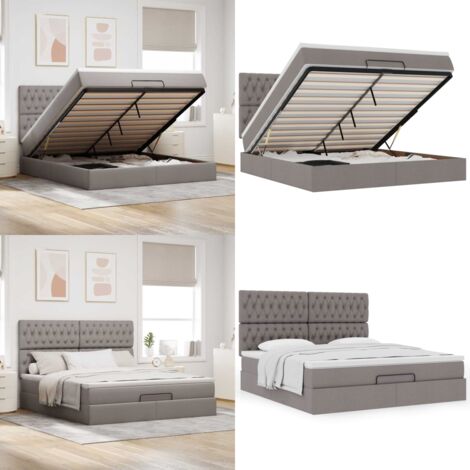 Struttura Letto Pouf con Materasso Tortora 180x200cm in Tessuto - Materasso a molle insacchettate - Letto con stoccaggio