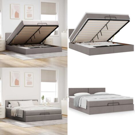 Struttura Letto Pouf con Materasso Tortora 200x200 cm Tessuto - Materasso a molle insacchettate - Letto con stoccaggio