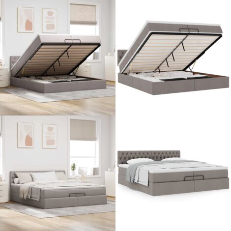 Struttura Letto Pouf con Materasso Tortora 200x200 cm Tessuto - Materasso a molle insacchettate - Letto con stoccaggio